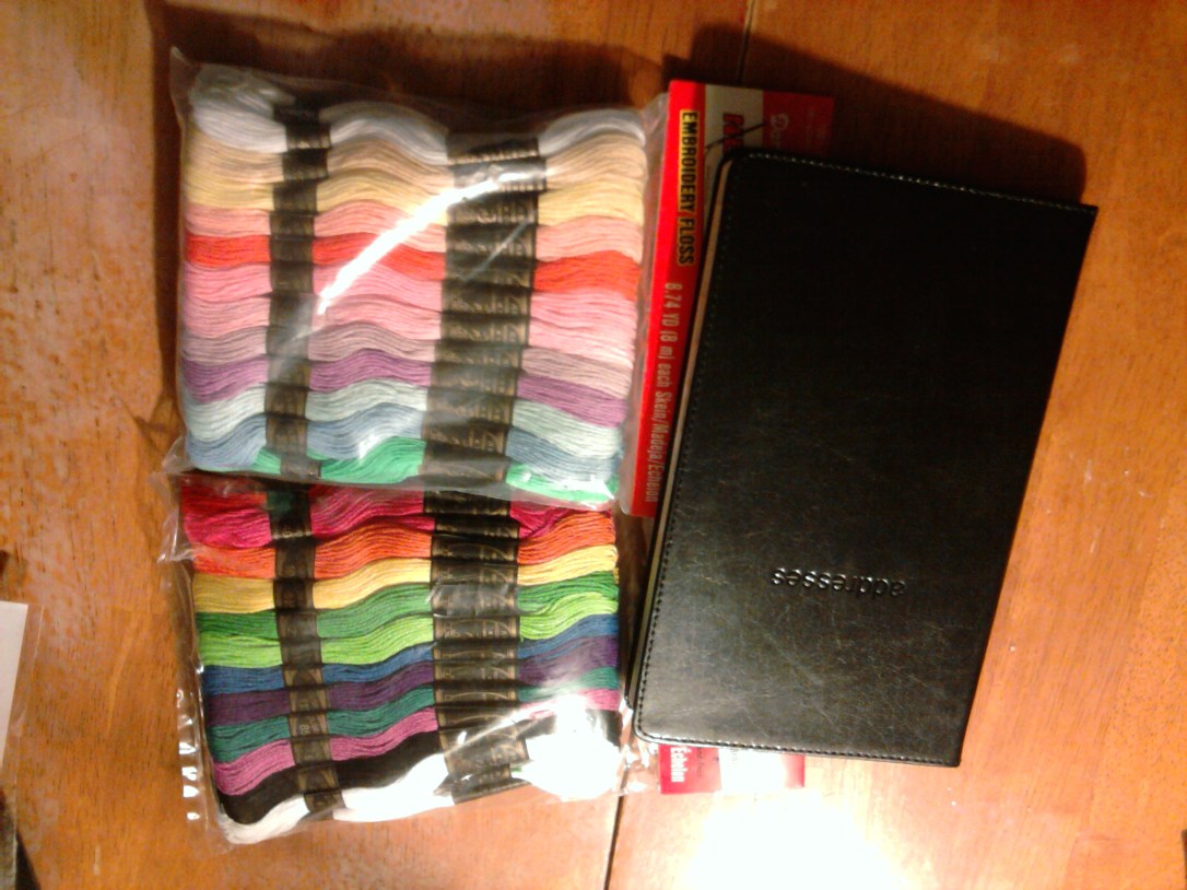 Hardware Store Embroidery floss and an address book that looks disturbingly like a bible. :)