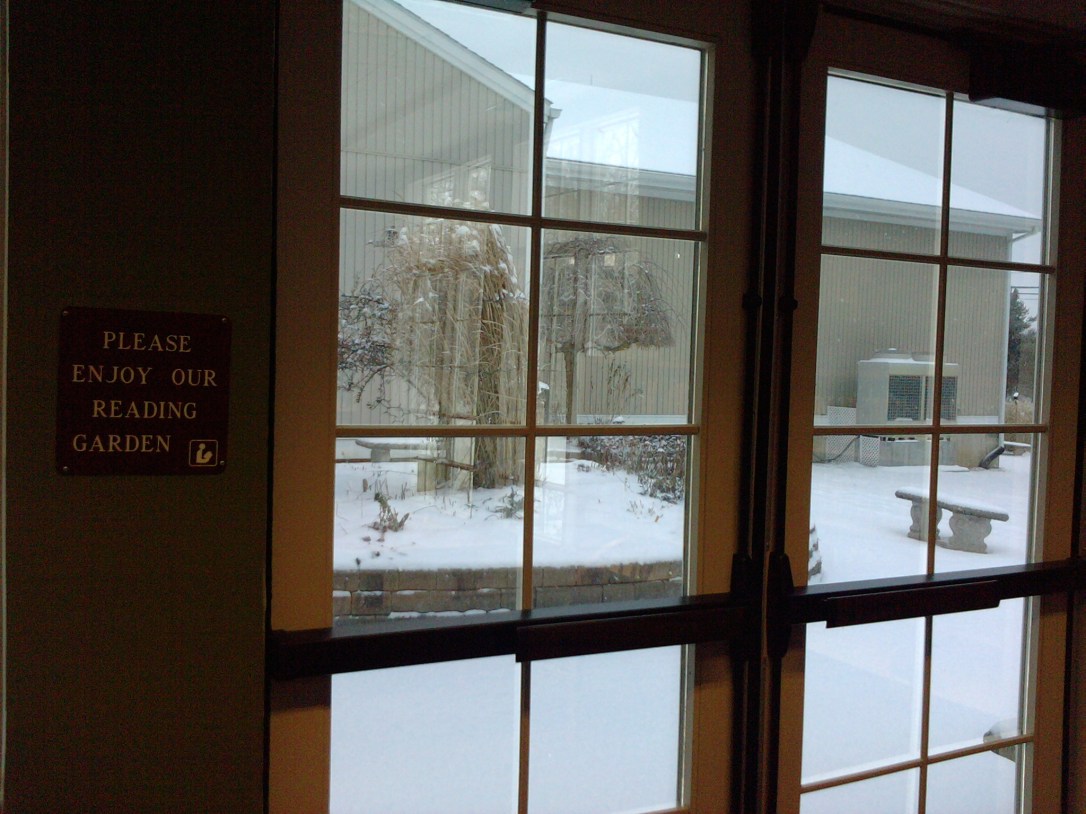 View of the snow covered gardens that surround my local library. -Children's Wing